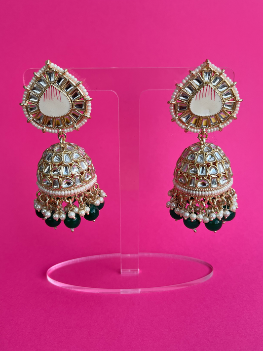 Diamanté and Pearl Jhoomka with Emerald Green Beads