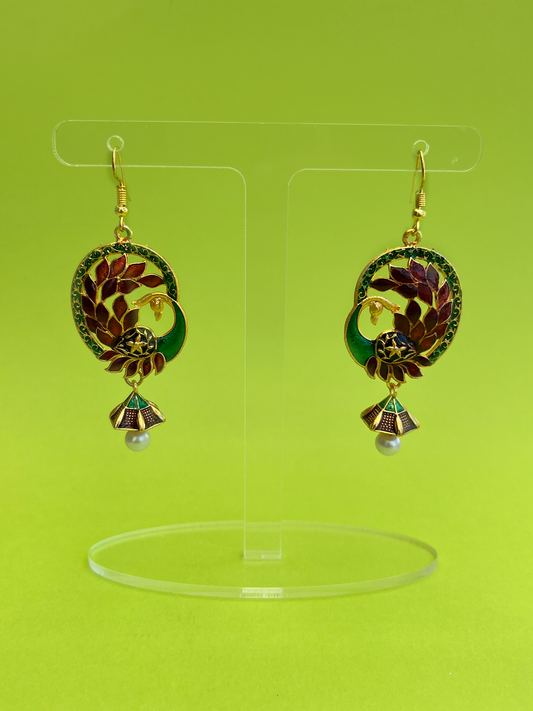 Burnt Red and Green Dancing Peacock Jhoomka