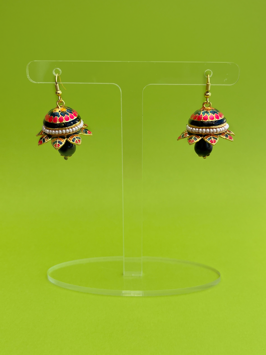 Flower-Shaped Gold-Plated Meenakari Jhoomka with Hook - Pink, Teal and Black