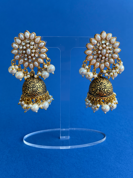 Gold-Plated Kundan Jhoomka with Pearls and Flower Design